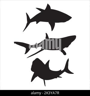 Vektor-Set Von Sharks Silhouetten Illustration Isoliert Auf Weißem Hintergrund Stock Vektor