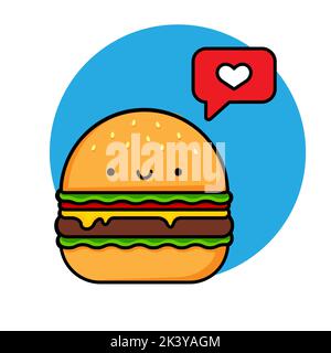 Cartoon-Bild von einem niedlichen lächelnden Burger. Rote Benachrichtigung mit Herzsymbol. Abbildung für Lebensmittel. Vektorgrafik. Stock Vektor