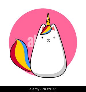 Cartoon-Bild einer weißen Katze mit einem Horn und einem Schwanz eines Einhorns. Geburtstag. Vektorgrafik. Stock Vektor