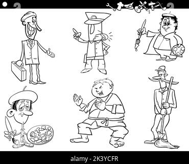Schwarz-Weiß-Cartoon-Illustration von professionalistischen Menschen Berufe Comic-Figuren setzen Malseite Stock Vektor
