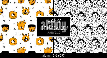 Halloween Set nahtlos, Muster mit Vampir, Monster, Geist, Zombie und Schädel. Gruselige Vektorgrafik am 31. Oktober. Stock Vektor