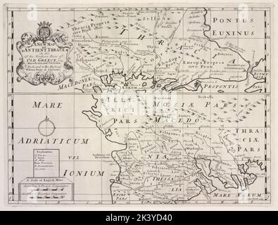 Eine neue Karte des alten Thrakiens, sowie der nördlichen Teile des alten Griechenlands, nämlich Makedonien und Thessalien. Thessalien, Mazedonien und Thrakien. Kartografisch. Karten, Atlanten. 1700. Lionel Pincus und Prinzessin Firyal Map Division. Atlanten, Britisch, Geographie, Ancient, Maps in Education , England, Maps Stockfoto