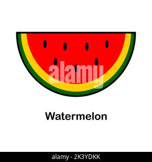 Vektor-Illustration einer Wassermelone-Scheibe, im Cartoon-Stil. Rote reife Wassermelone. Aufkleber, Aufnäher, Abzeichen. Stock Vektor