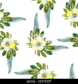 Nahtloses Muster mit wasserfarbenen tropischen Blättern und Blüten. Stockfoto