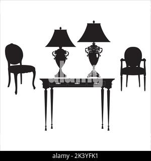 Vektor-Set Von Antiken Möbeln Schwarz-Weiß-Silhouetten Illustration Isoliert Auf Weißem Hintergrund Stock Vektor