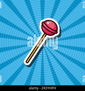 Cartoon-Illustration von Lutscher. Blauer Retro-Hintergrund. Comic-Stil, Pop-Art. Aufkleber, Patches, Pins. Stock Vektor