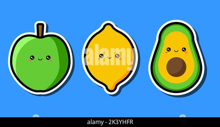 Cartoon kawaii Aufkleber grüner Apfel, Zitrone und Avocado. Isoliert auf blauem Hintergrund. Vektorgrafik. Stock Vektor