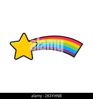 Vektor niedliche Illustration von Stern mit Regenbogenschwanz. Gelber Komet Kawaii auf weißem Hintergrund. Stock Vektor