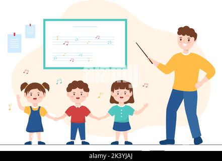Musik Schule Vorlage in Hand gezeichnet Cartoon flache Illustration Spielen verschiedene Musikinstrumente, Lernen Bildung Musiker und Sänger Stock Vektor