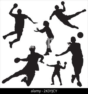 Vektor Set Handball Spieler Silhouetten Illustration Isoliert Auf Weißem Hintergrund Stock Vektor
