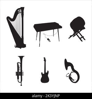 Vektor-Set Von Musikinstrumenten Silhouetten Illustration Isoliert Auf Weißem Hintergrund Stock Vektor