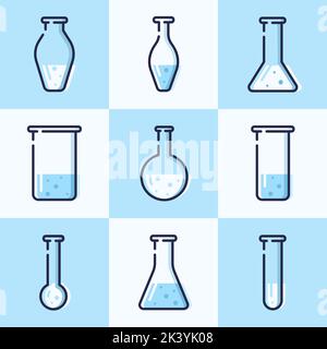 Chemiekolben aus Glas. Set aus neun verschiedenen Glasröhrchen. Stock Vektor