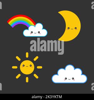 Cartoon Illustration von niedlichen Charakteren. Wolke und Regenbogen, Sonne und Mond.Vektor kawaii Farbbild. Stock Vektor