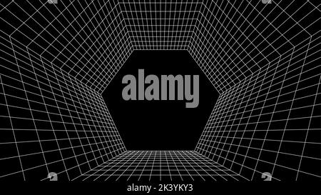 Abstrakter Computerhintergrund im Stil von 80s. Interieur im Sci-Fi-Stil mit Retro-Linien. Synthwave- oder retrowave-Rasterraum. Stock Vektor