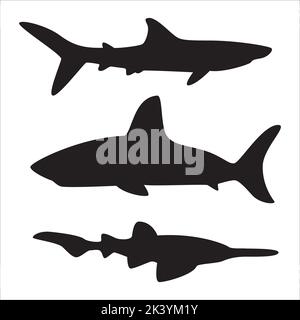 Vektor-Set Von Sharks Silhouetten Illustration Isoliert Auf Weißem Hintergrund Stock Vektor