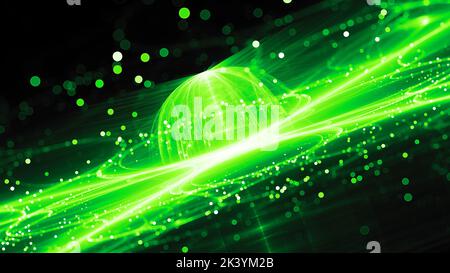Grün glühend futuristisches Quantennetzwerk, computergenerierter abstrakter Hintergrund, 3D Rendering Stockfoto