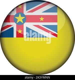 niue Flagge in glänzendem runden Knopf der Ikone. niue Emblem isoliert auf weißem Hintergrund. Nationales Konzeptschild. Unabhängigkeitstag. Vektorgrafik. Stock Vektor