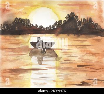 Handgezeichnet gemalt Aquarell Seeseite Landschaft mit Boot. Sonnenuntergang auf dem See Illustration. Stockfoto