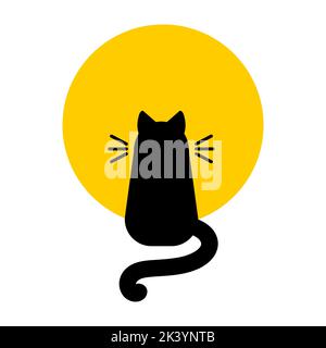Schwarze Silhouette einer Katze auf dem Hintergrund eines gelben Mondes. Flache Vektorgrafik. Stock Vektor