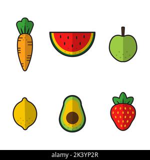 Vektor-Set von Bildern von Obst, Gemüse und Beeren. Gesunde Ernährung. Illustrationen von Erdbeere und Wassermelone, Apfel und Zitrone, Karotte und Avocado. Mehrfarbige Elemente auf weißem Hintergrund. Stock Vektor