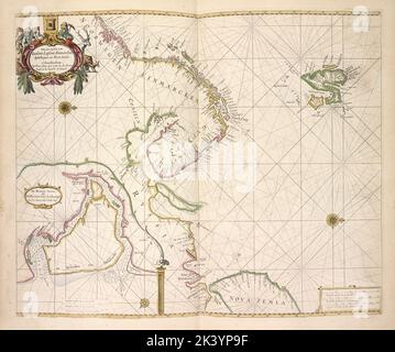 De zee custen van Ruslant, Laplant, Finmarcken, Spitzbergen und Nova Zemla ; De Revere Dwina, ofte Revere van Archangel. Van Nova Zembla Nova Zemla tot de kusten van Noorwegen ent Eylant Spitzbergen. Kartografisch. Karten. 1672. Lionel Pincus und Prinzessin Firyal Map Division. Barentssee, Nördlicher Fluss Dwina (Russland) Stockfoto