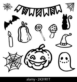 Halloween-Doodle-Set mit Illustrationen. Vektorbild von Kürbis, Geist, Katze, Fledermaus und Urlaub Flaggen. Stock Vektor