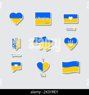 Eine Reihe von Illustrationen zum Thema des Staates der Ukraine. Symbole des Staates Ukraine. Wappen, Karte, Flagge der Ukraine. Aufkleber in den Nationalfarben der Flagge der Ukraine. Stock Vektor