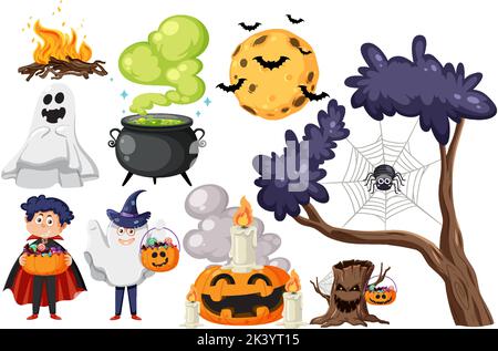 Halloween Zeichentrickfigur und Elemente Set Illustration Stock Vektor