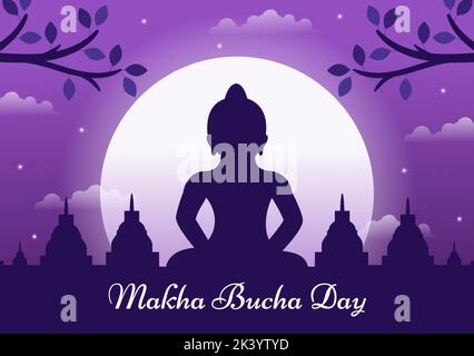 Happy Makha Bucha Day Template Handgezeichneter Cartoon flache Illustration Buddha sitzt in Lotusblume unter Bodhi Baum in der Nacht von Mönch umgeben Stock Vektor