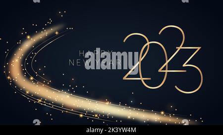 2023 Frohes neues Jahr Hintergrunddesign. Glänzender goldener Schriftzug auf dunkelblauem Hintergrund. Luxuriöse festliche Vorlage für Grußkarte, Banner, Poster. Abst Stock Vektor