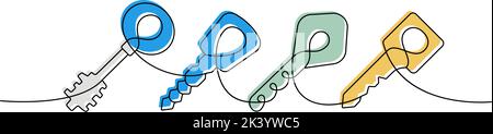 Satz von Schlüssel eine Zeile farbige kontinuierliche Zeichnung. Home-Taste kontinuierliche eine Zeile bunte Satz Illustration. Vektor minimalistische lineare Illustration Stock Vektor
