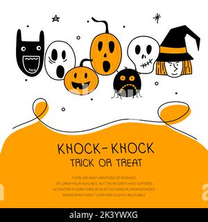 Halloween gruselige Gesichter Kürbis, Hexe, Spinne, Geist, Schädel und Phrase KLOPFEN TRICK or TREAT. Vektorgrafik am 31. Oktober. Stock Vektor