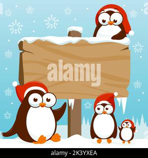 Weihnachten Winterlandschaft mit niedlichen Pinguinen und leeren Holzschild. Stockfoto