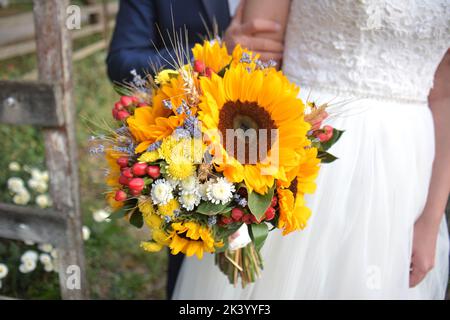 Der Bräutigam, die Braut und ein Blumenstrauß. Die Sonnenblume ist Teil des Hochzeitsthemas. Stockfoto