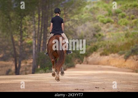 Natur auf dem Pferderücken erleben. Eine junge Frau, die auf ihrem Kastanienpferd reiten geht. Stockfoto