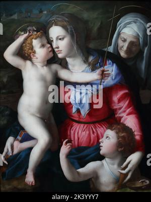 Die Madonna mit Kind und dem Heiligen Johannes dem Täufer und der Heiligen Elisabeth vom italienischen Manieristen Agnolo Bronzino in der National Gallery, London, Großbritannien Stockfoto
