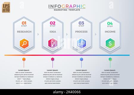 Infografik Bunte Marketing-Vorlage Vektor-Design Hexagon-Symbole 4 Optionen oder Schritte in minimalem Stil. Sie können für den Marketingprozess und Workflow verwendet werden Stock Vektor