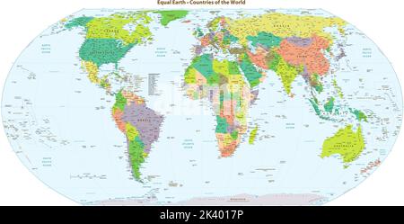 Hohe Details politische Weltkarte gleich Erde Projektion Stock Vektor