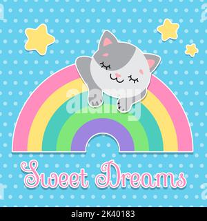 Postkarte Süße Träume. Die Katze schläft auf dem Regenbogen. Pastell-Palette. Niedliche einfache flache Vektor-Illustration. Stock Vektor