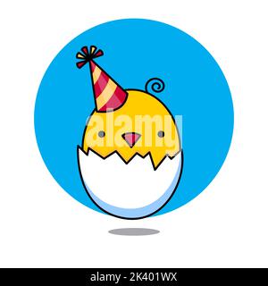 Ein Cartoon-Bild eines gelben Kükens, das aus einer Eierhälfte guckt. Geburtstag. Vektorgrafik. Stock Vektor