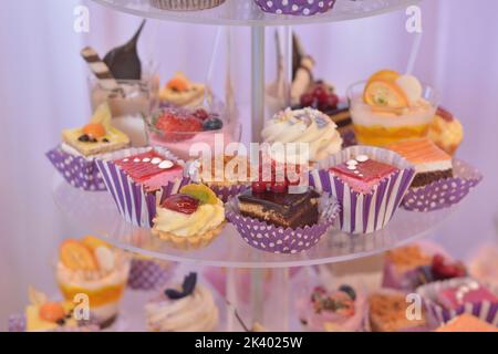 CREAM Layers Kuchen und verschiedene Puddings mit verschiedenen Früchten. Süßigkeitenbar Stockfoto