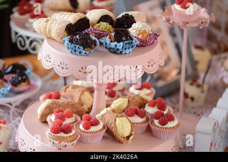 Verschiedene Kuchen: Vanillebrötchen, Mini-Schokoladenkuchen, Mini-Torten mit Schlagsahne und Himbeeren Stockfoto