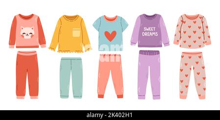 Schlafanzug für Mädchen. Textil-Nachtwäsche für Kinder Schlafanzüge Schlafanzüge Schlafanzüge Vektor farbige Bilder Stock Vektor