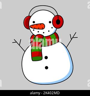 Flaches Cartoon-Bild eines Schneemanns mit einem gestreiften rot-grünen Schal und roten Kopfhörern. Vektorgrafik Stock Vektor