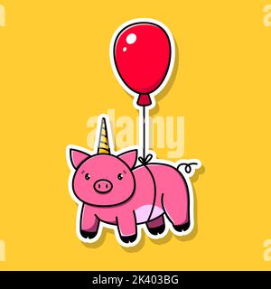 Niedliches Cartoon-Bild. Ein Schwein mit einem Einhornhorn fliegt auf einem roten Ballon. Vektorgrafik Stock Vektor