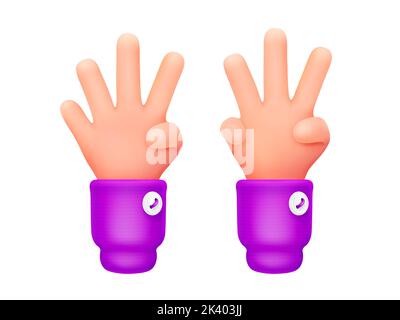 3D Render, menschliche Hände zählend, drei und vier Finger zeigend. Kommunikation, Körpersprache, Zahlengesten digitales Konzept isoliert auf weißem Hintergrund, Cartoon Illustration im Plastikstil Stock Vektor