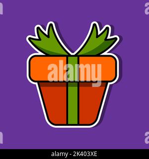 Orangefarbener Geschenkkarton-Aufkleber mit grüner Schleife auf violettem Hintergrund. Halloween-Bild. Vektorgrafik Stock Vektor