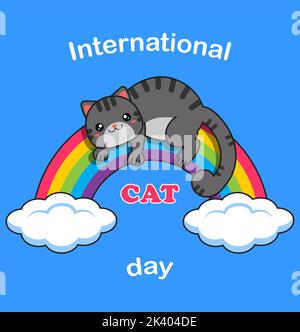 Alles gute zum internationalen Katzentag. Die graue Katze liegt auf dem Regenbogen. Vektorgrafik Stock Vektor