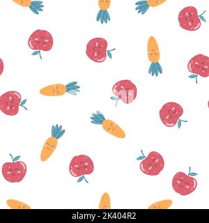 Nahtloses Muster mit niedlichem Kawaii-Apfel und Karotte mit fröhlichem Gesicht in flacher Optik. Handgezeichnete Vektordarstellung von Obst und Gemüse, Kinder ca. Stock Vektor