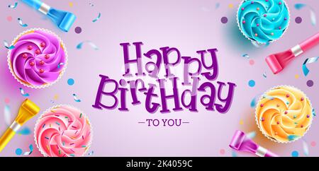 Geburtstag Party Vektor Hintergrund Design. Happy Birthday Grußtext mit bunten Tassenkuchen und Horn-Elementen für die Geburtstagsparty. Stock Vektor